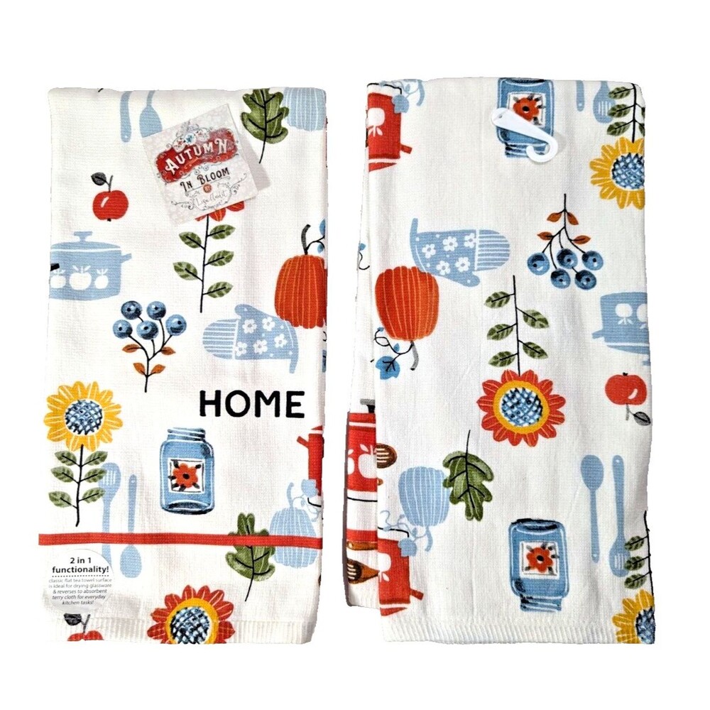 Lisa Audit Autumn In Bloom Kitchen Towels 2pc Sunflowers Jars Pots Fruit Gift